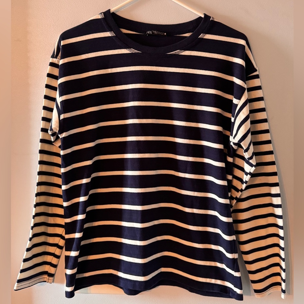 Zara Navy & White Striped Crewneck Tee
